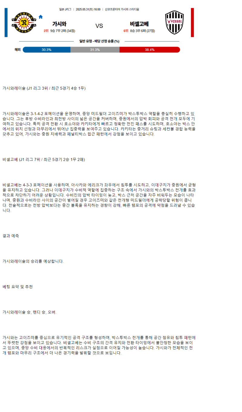 2025년 05월 31일 가시와 레이솔 비셀 고베 스포츠 분석 및 중계 올스티비