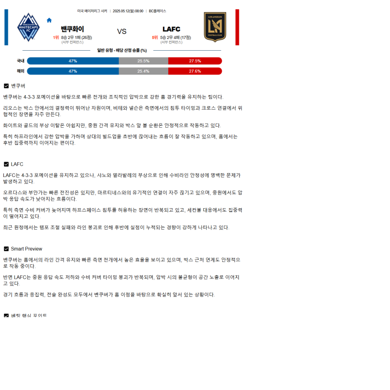 2025년 05월 12일 밴쿠버화이트 LAFC 해외축구 중계 및 분석 올스티비