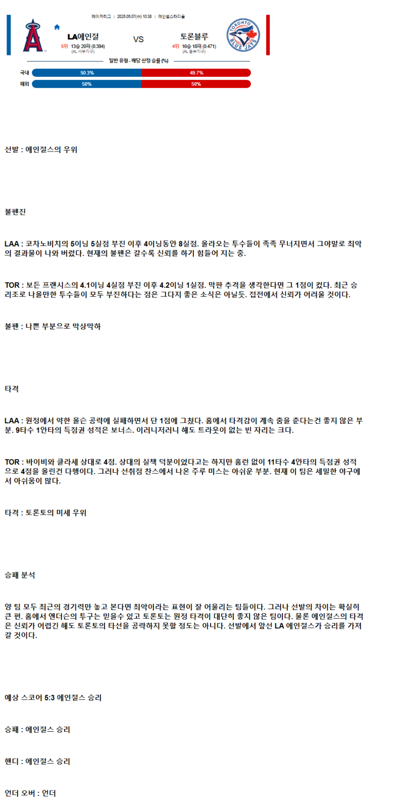 2025년 05월 07일 LA에인절스 토론토 해외야구 중계 및 분석 올스티비
