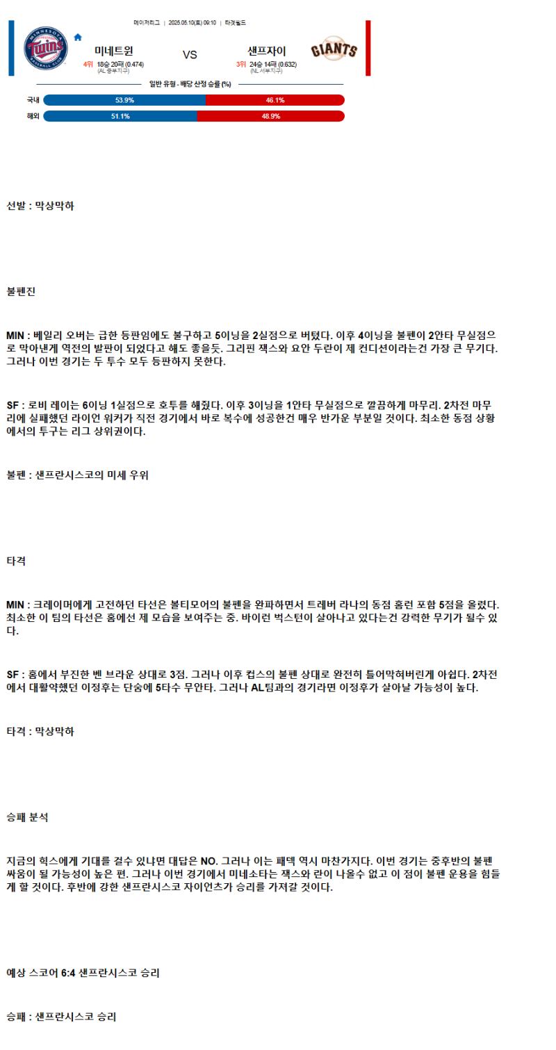 2025년 05월 10일 미네소타 샌프란시스코 미국야구 분석 및 중계 올스티비