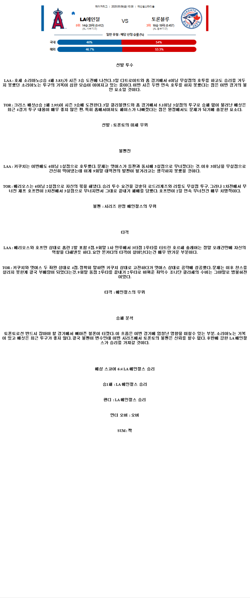 2025년 05월 09일 LA에인절스 토론토 해외야구 중계 및 분석 올스티비