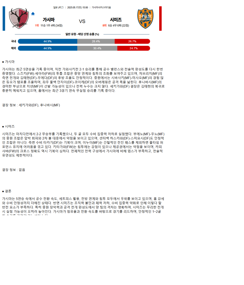 2025년 05월 17일 가시마 시미즈 해외스포츠 분석 및 중계 올스티비