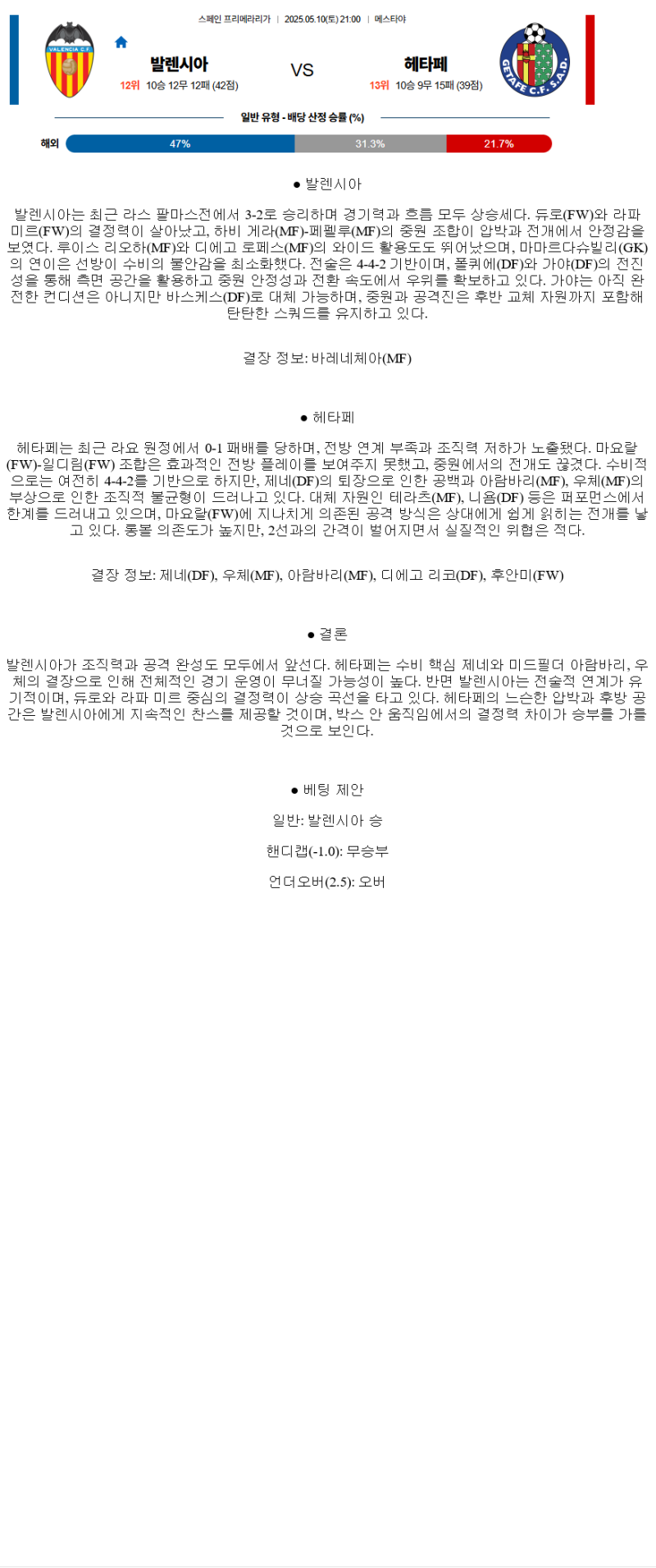 2025년 05월 10일 발렌시아 헤타페 스포츠 중계 및 분석 올스티비