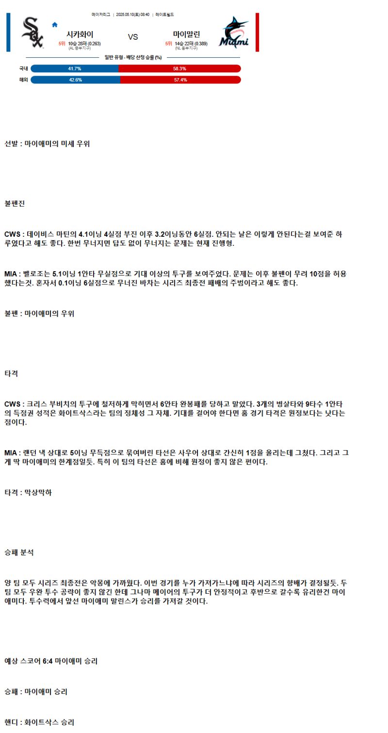 2025년 05월 10일 시카고W 마이애미 미국야구 중계 및 분석 올스티비