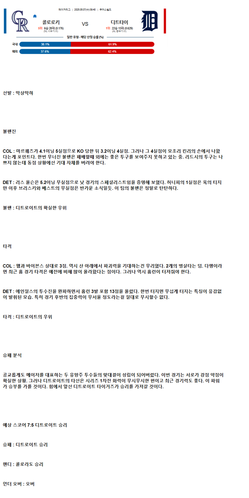 2025년 05월 07일 콜로라도 디트로이트 야구 분석 및 중계 올스티비
