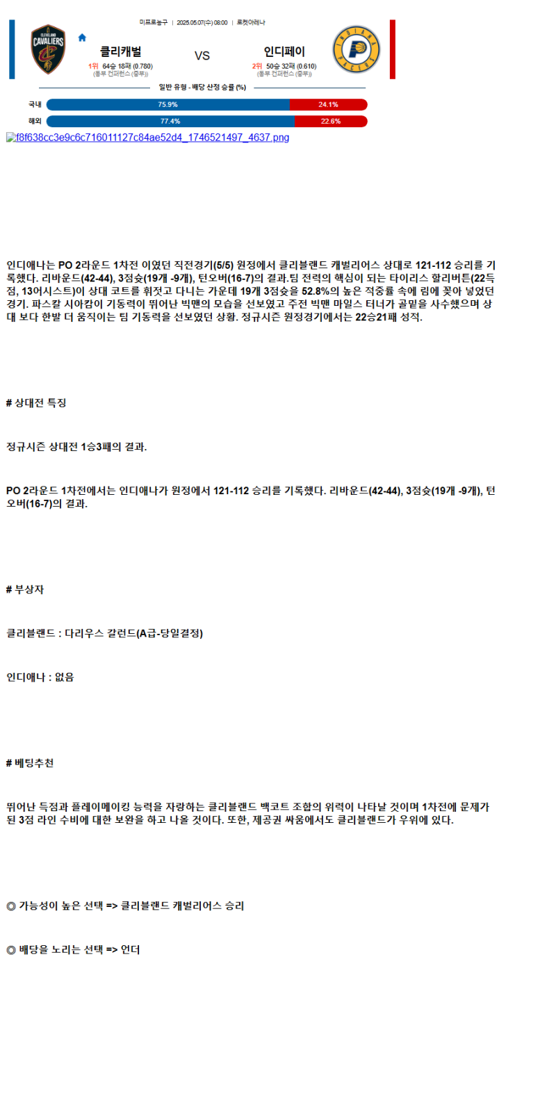 2025년 05월 07일 클리블랜드 인디애나 해외농구 분석 및 중계 올스티비