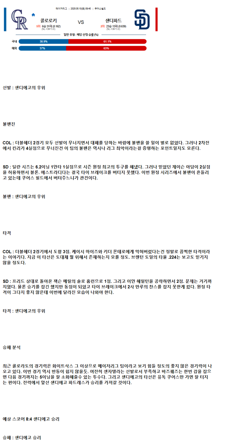 2025년 05월 10일 콜로라도 샌디에이고 미국야구 중계 및 분석 올스티비
