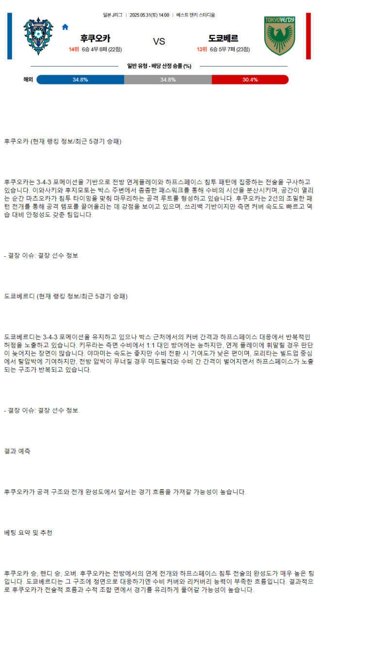 2025년 05월 31일 후쿠오카 도쿄 베르디 해외축구 분석 및 중계 올스티비