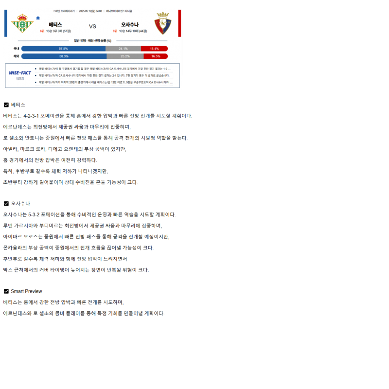 2025년 05월 12일 베티스 오사수나 해외축구 분석 및 중계 올스티비