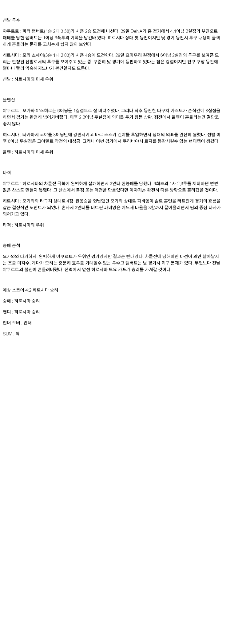 2025년 05월 06일 야쿠르트 히로시마 해외야구 중계 및 분석 올스티비
