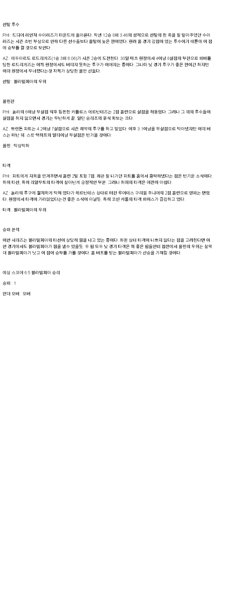2025년 05월 05일 필라델피아 애리조나 해외야구 분석 및 중계 올스티비