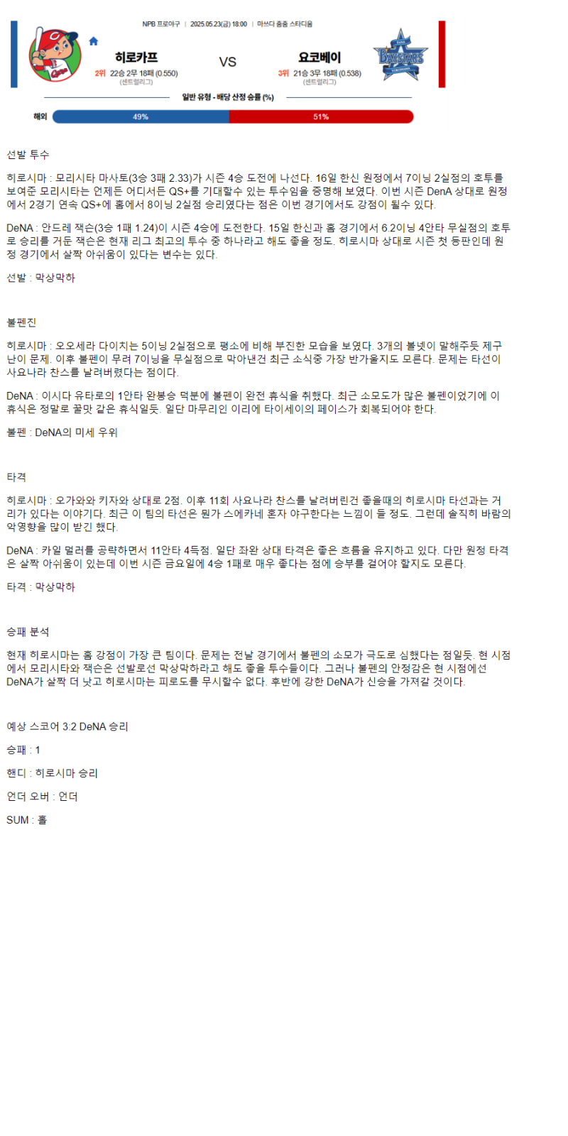 2025년 05월 23일 히로시마 요코하마 NPB 중계 및 분석 올스티비