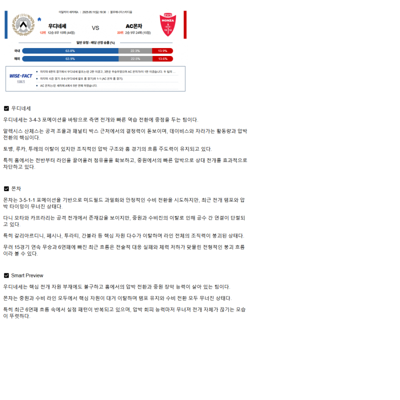 2025년 05월 11일 우디네세 몬차 해외스포츠 분석 및 중계 올스티비