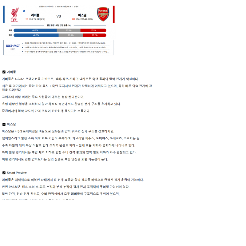 2025년 05월 12일 리버풀 아스널 스포츠 중계 및 분석 올스티비