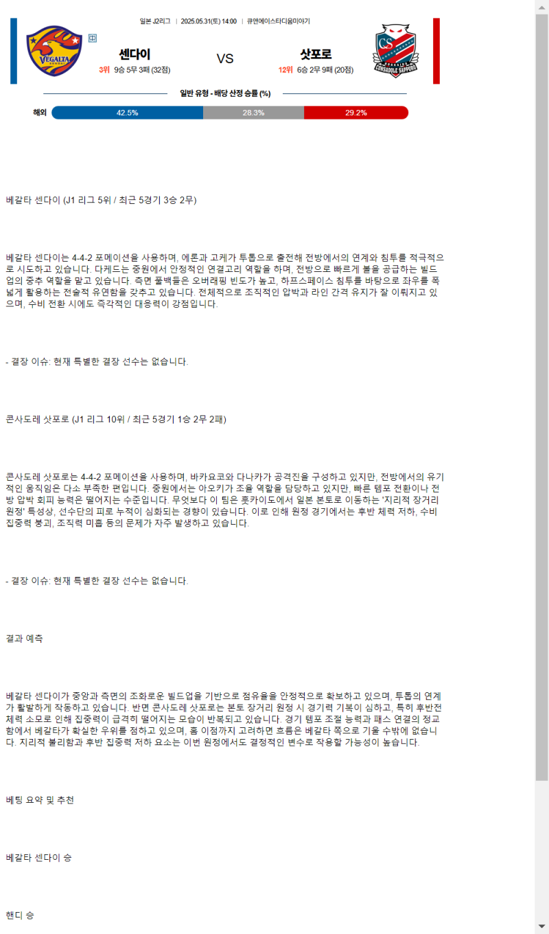 2025년 05월 31일 베갈타센다이 콘사도레삿포로 해외축구 분석 및 중계 올스티비
