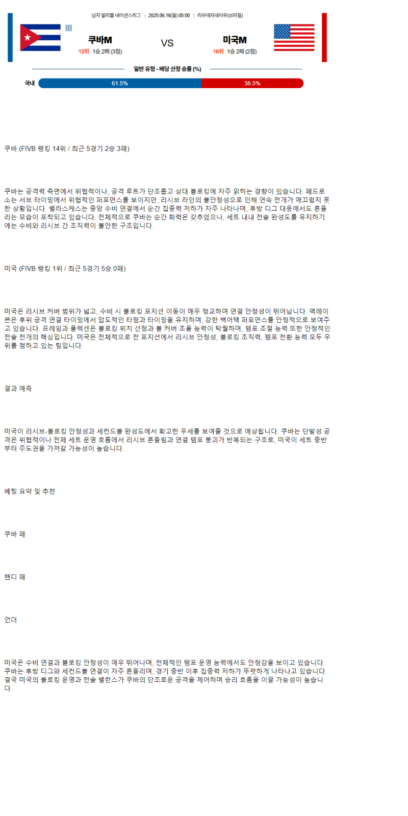 2025년 06월 16일 쿠바 미국 배구 중계 및 분석 올스티비