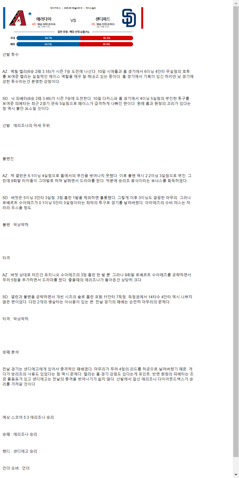 2025년 06월 16일 애리조나 샌디에이고 미국야구 중계 및 분석 올스티비