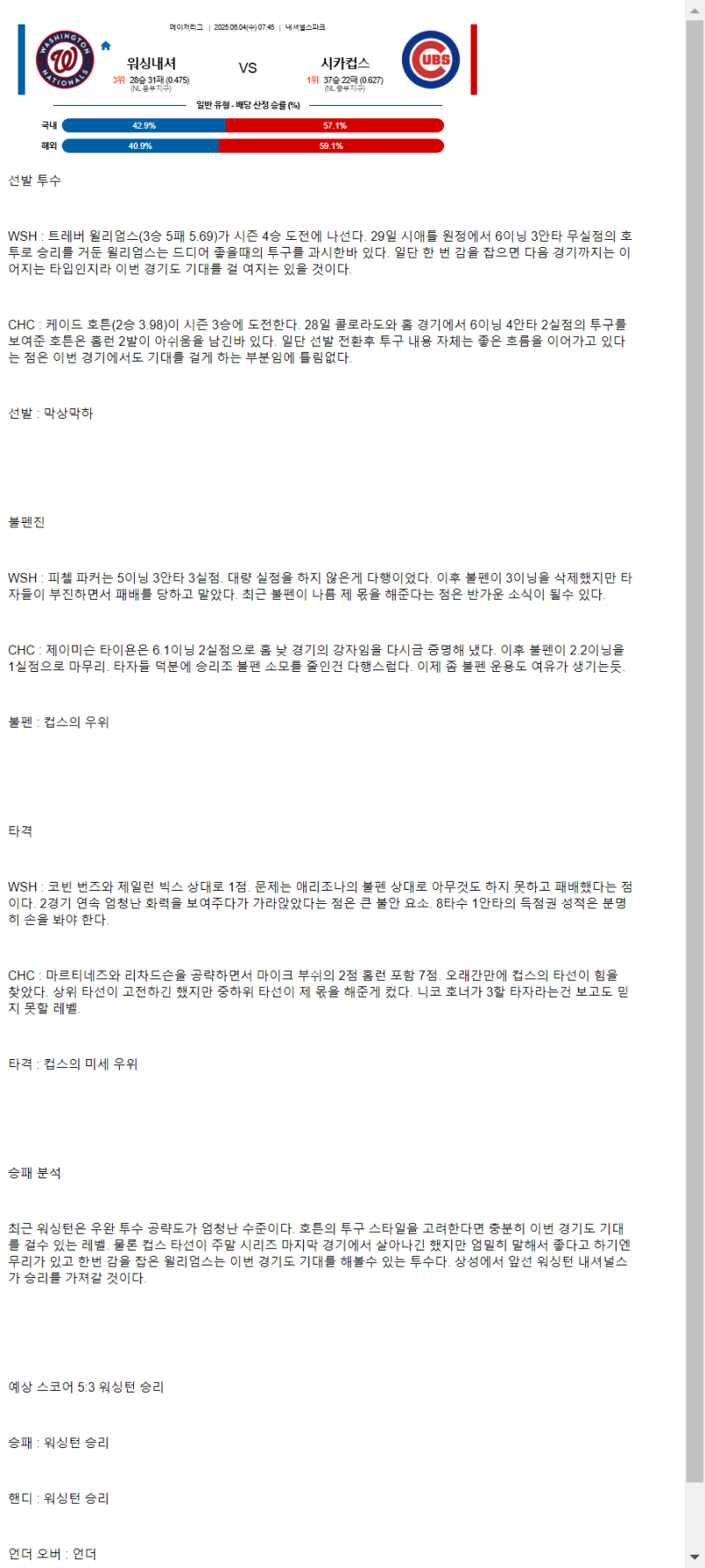 2025년 06월 04일 워싱턴 시카고컵스 해외농구 분석 및 중계 올스티비