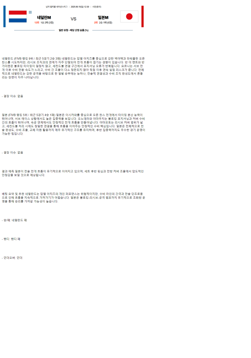 2025년 06월 15일 네덜란드 일본 배구 분석 및 중계 올스티비