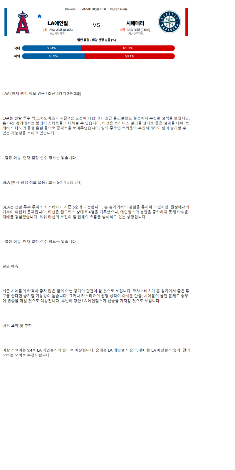 2025년 06월 08일 LA에인절스 시애틀 미국야구 분석 및 중계 올스티비
