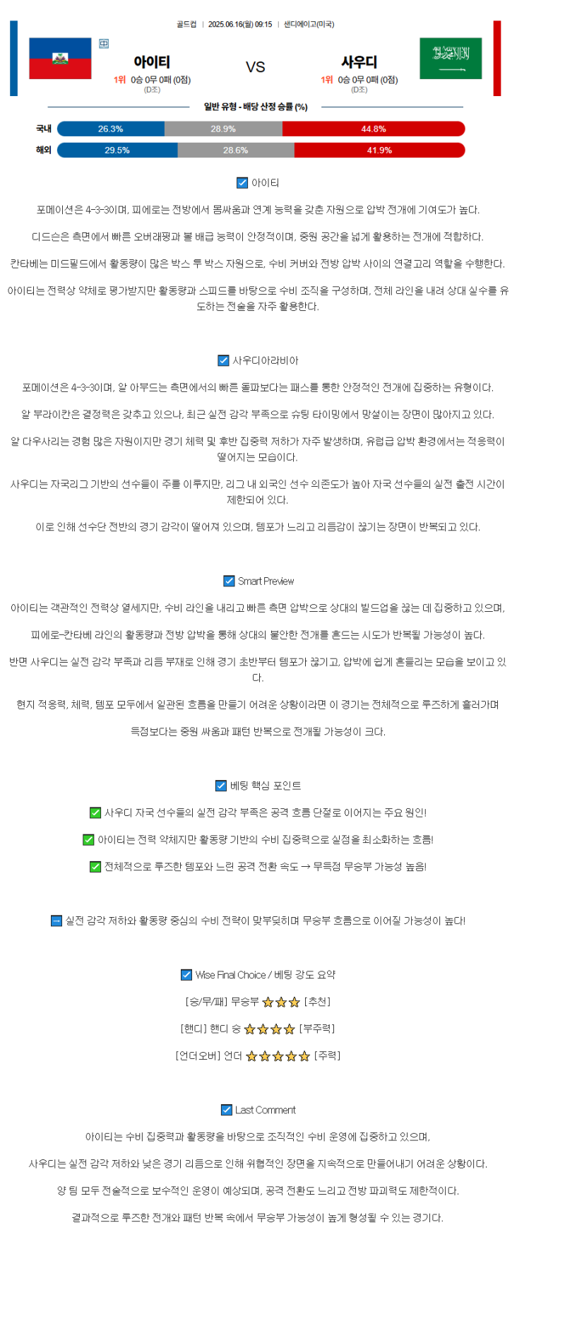2025년 06월 16일 아이티 사우디아라비아 해외스포츠 중계 및 분석 올스티비