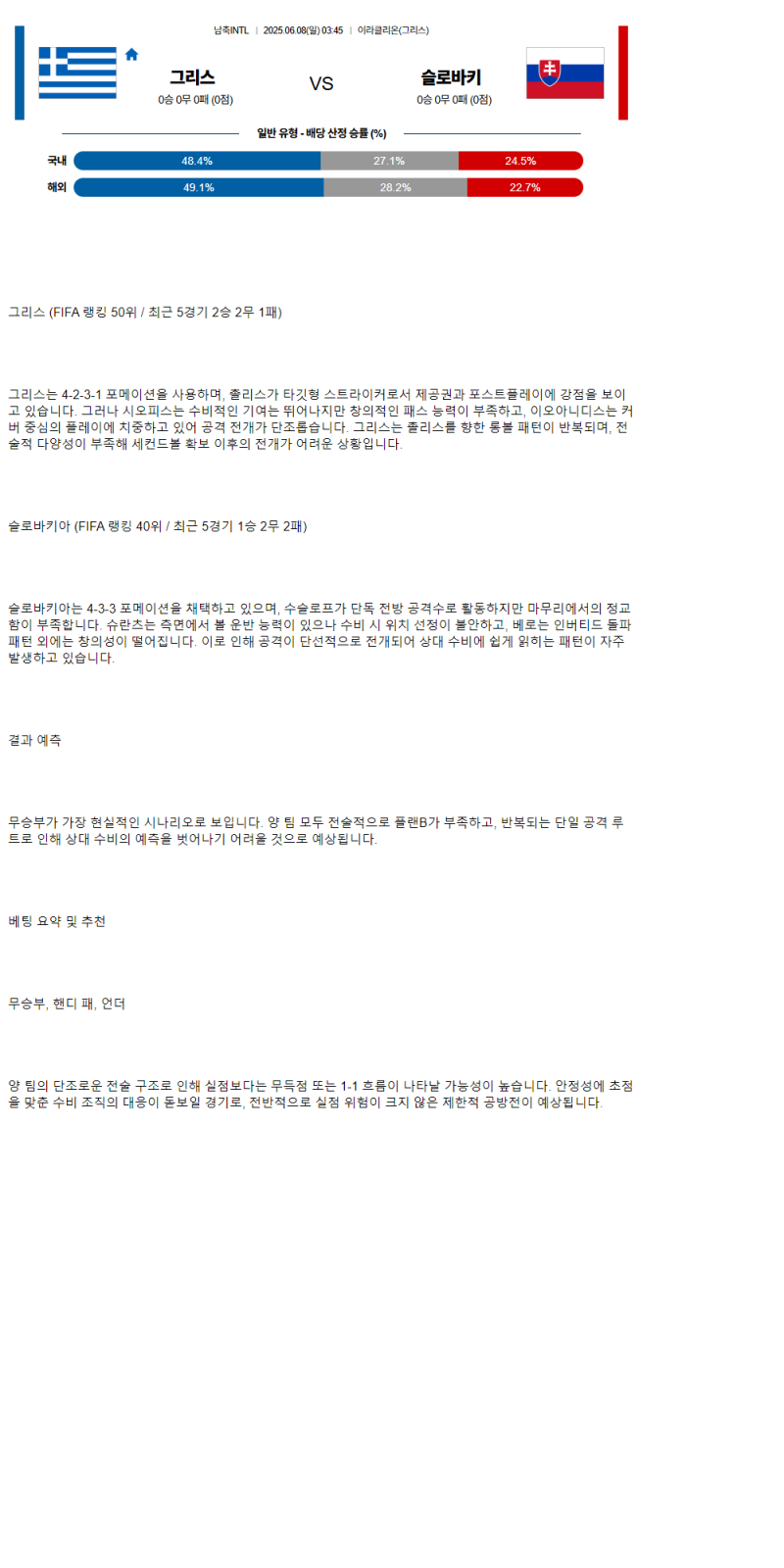 2025년 06월 08일 그리스 슬로바키아 해외스포츠 분석 및 중계 올스티비