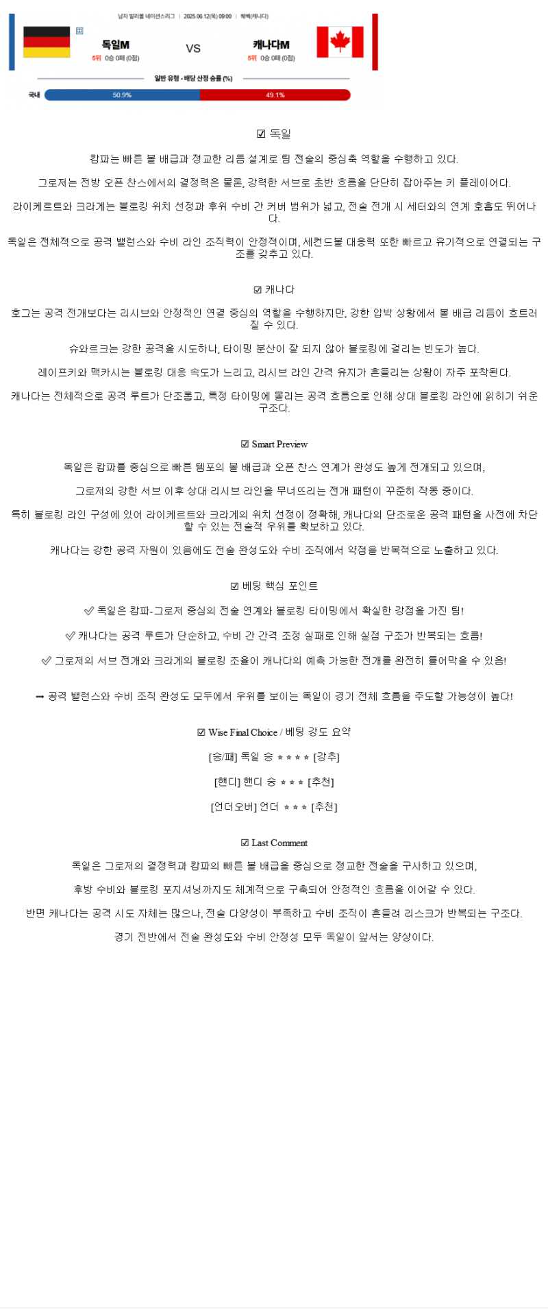 2025년 06월 12일 독일 캐나다 배구 중계 및 분석 올스티비