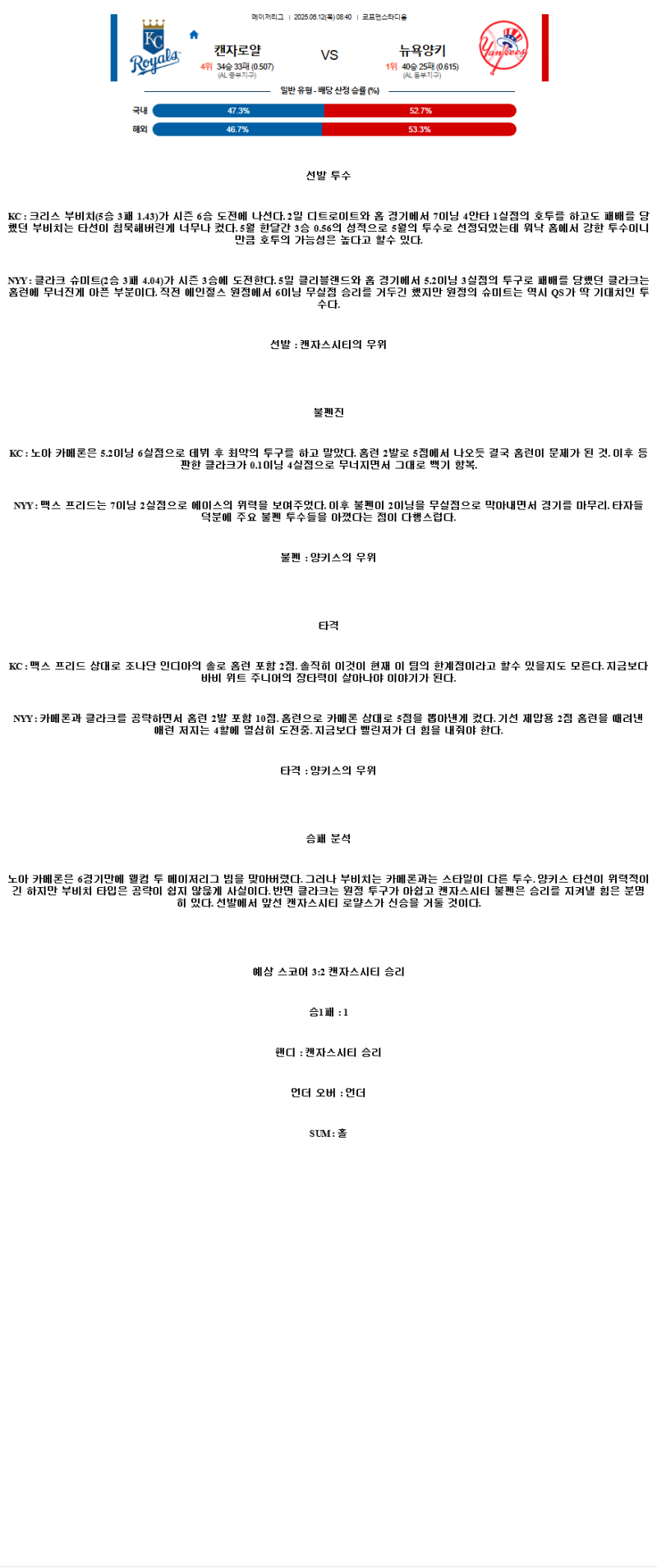 2025년 06월 12일 캔자스시티 뉴욕양키스 미국야구 분석 및 중계 올스티비
