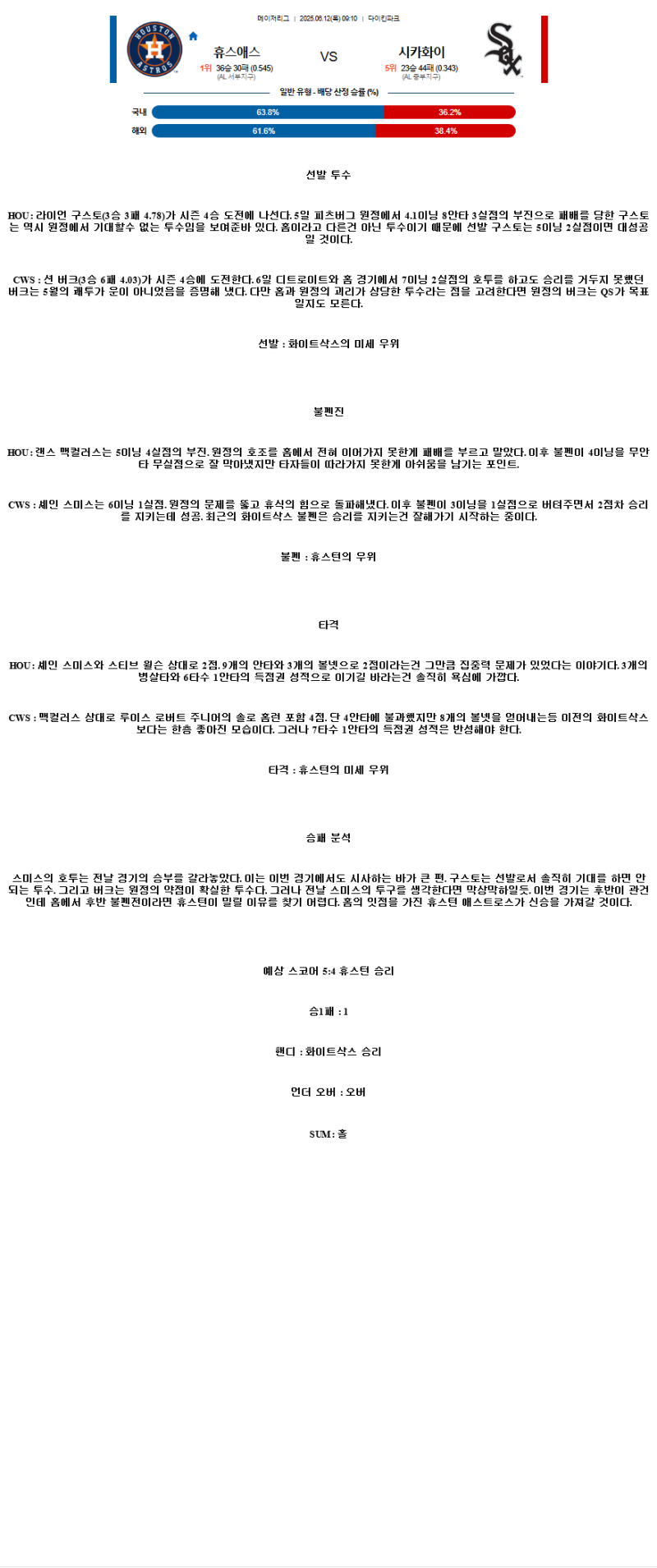2025년 06월 12일 휴스턴 시카고W MLB 분석 및 중계 올스티비