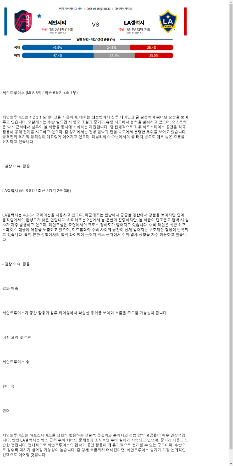 2025년 06월 15일 세인트루이스 갤럭시 스포츠 중계 및 분석 올스티비