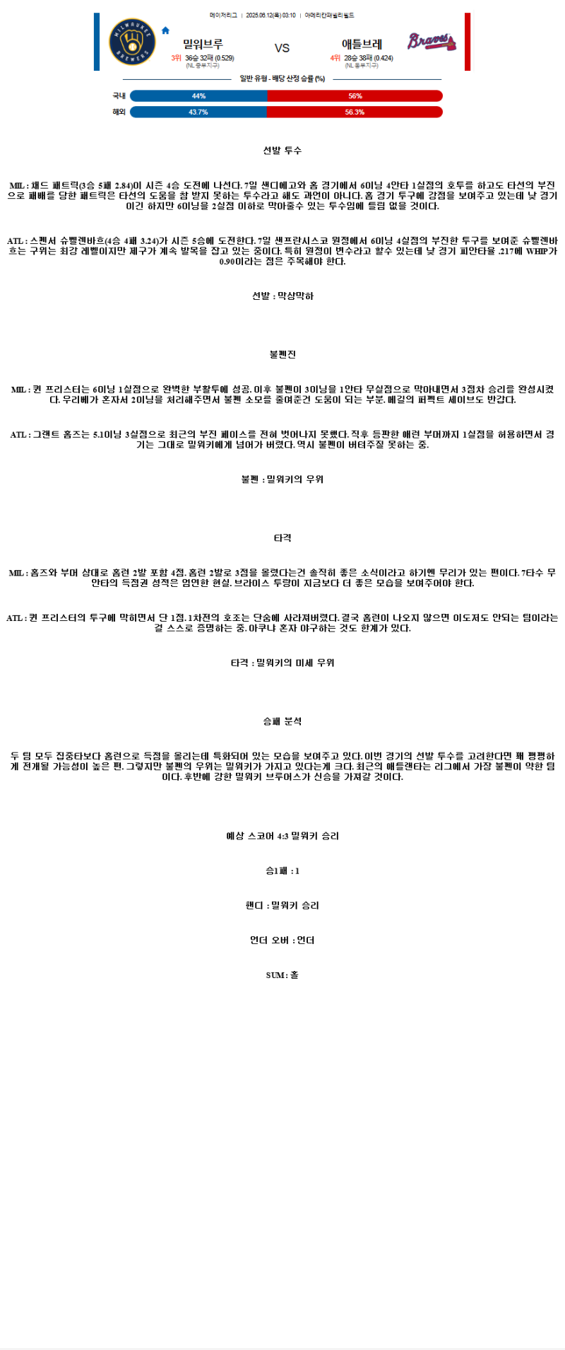 2025년 06월 12일 밀워키 애틀랜타 미국야구 분석 및 중계 올스티비