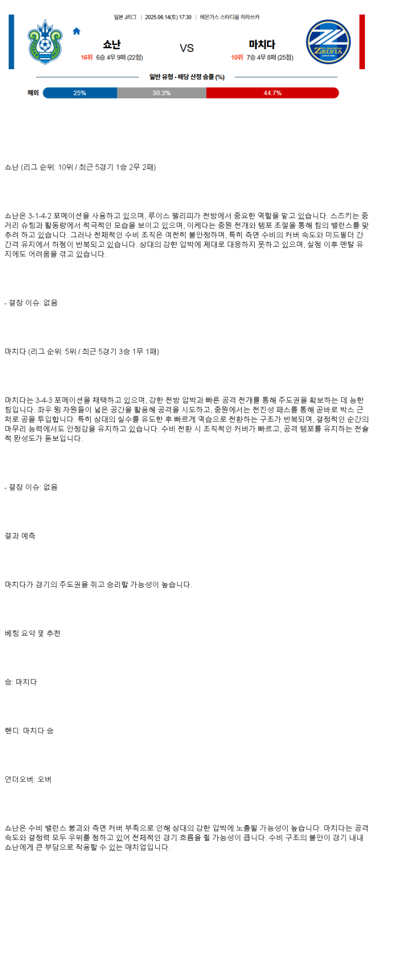 2025년 06월 14일 쇼난 벨마레 마치다 젤비아 해외스포츠 분석 및 중계 올스티비