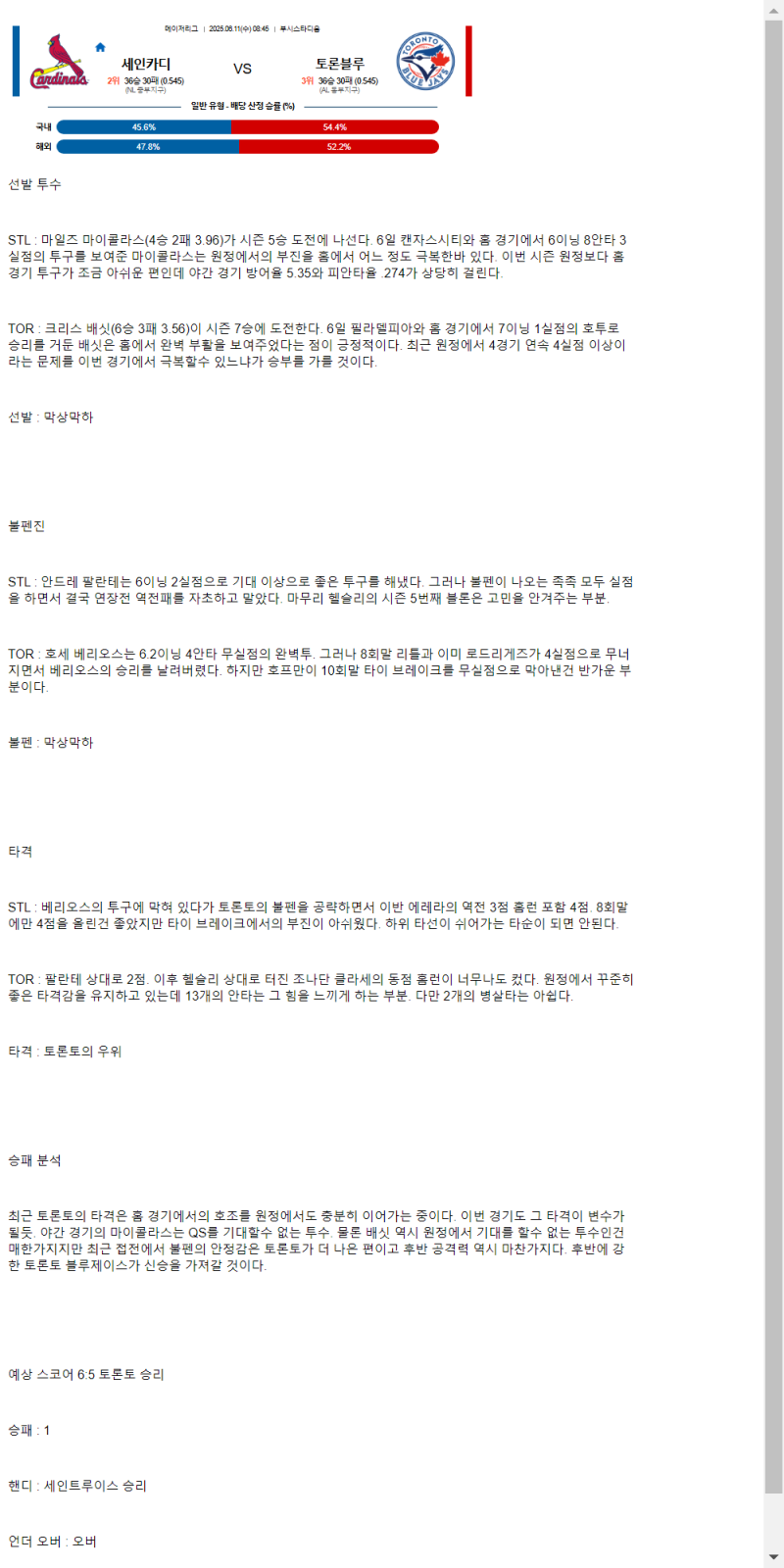 2025년 06월 11일 세인트루이스 토론토 미국야구 분석 및 중계 올스티비