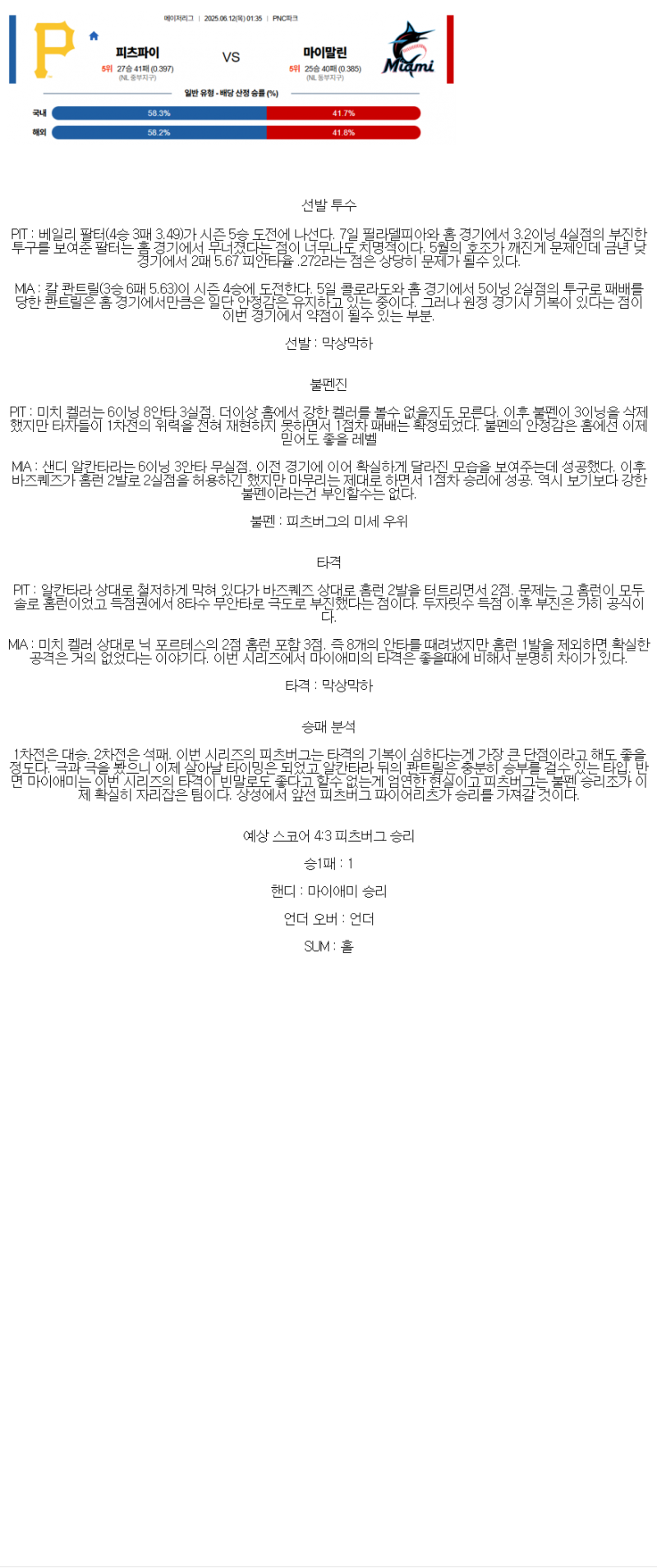 2025년 06월 12일 피츠버그 마이애미 미국야구 분석 및 중계 올스티비