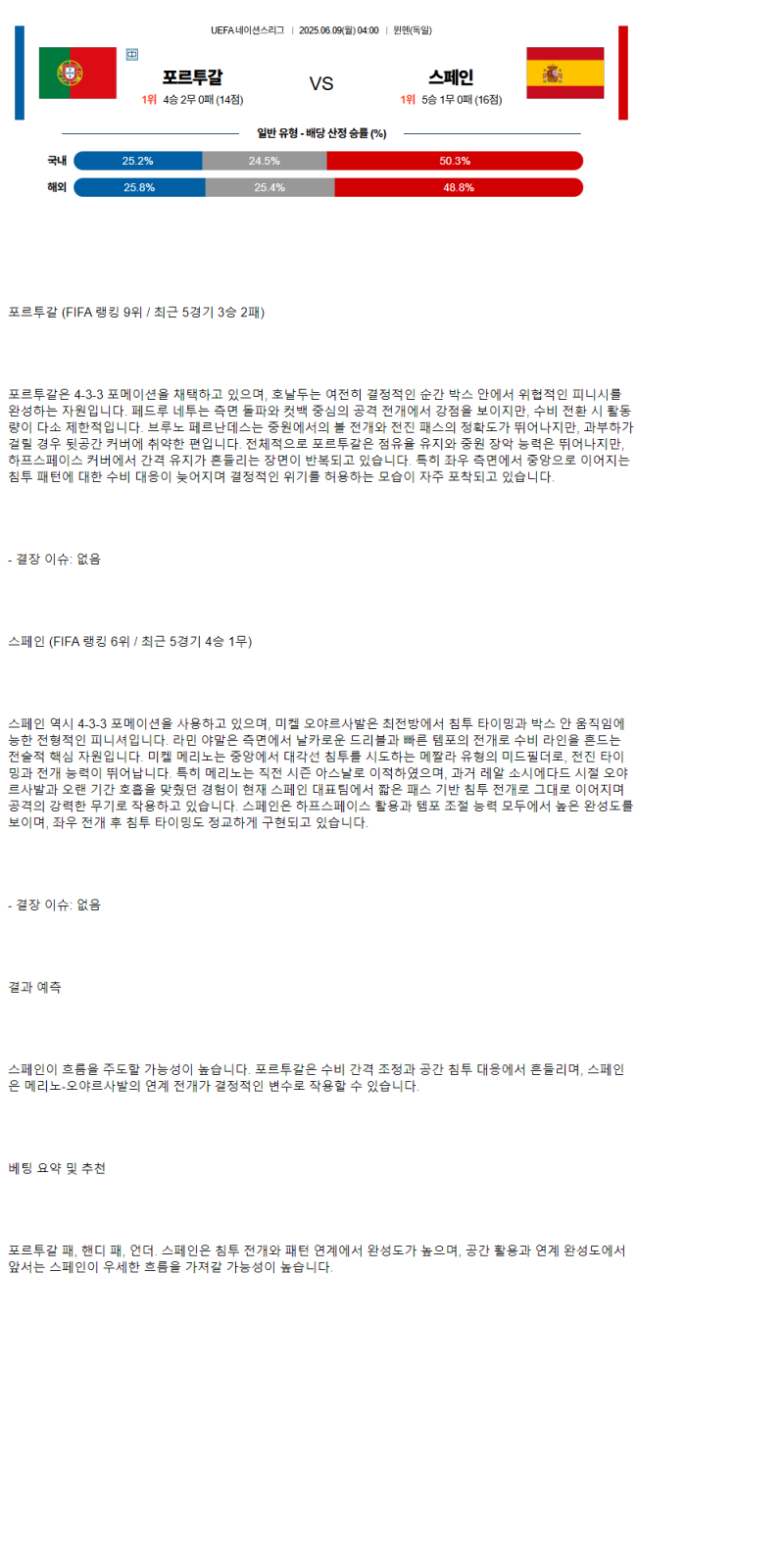 2025년 06월 09일 포르투갈 스페인 스포츠 분석 및 중계 올스티비