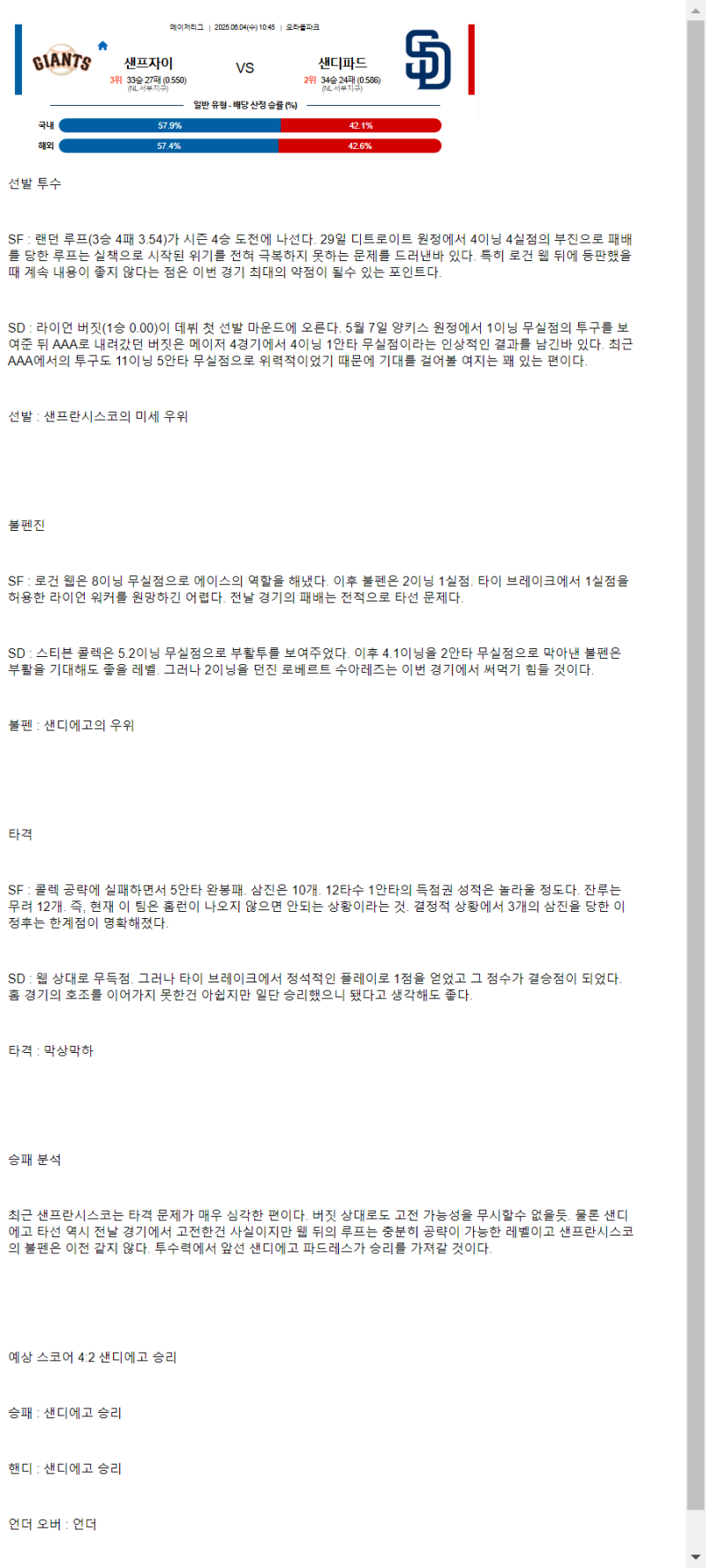 2025년 06월 04일 샌프란시스코 샌디에이고 NBA 중계 및 분석 올스티비
