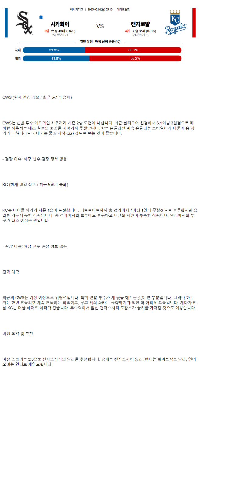 2025년 06월 08일 시카고W 캔자스시티 해외야구 분석 및 중계 올스티비
