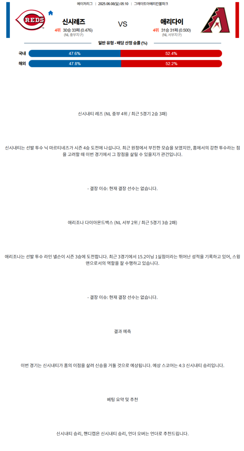 2025년 06월 08일 신시내티 애리조나 MLB 분석 및 중계 올스티비