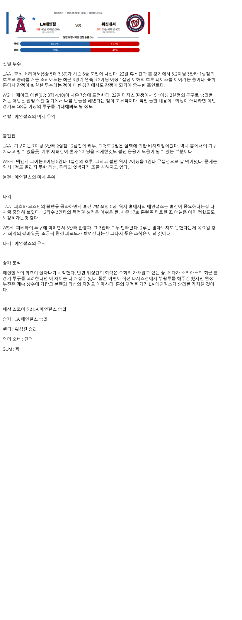2025년 06월 28일 LA에인절스 워싱턴 미국야구 중계 및 분석 올스티비