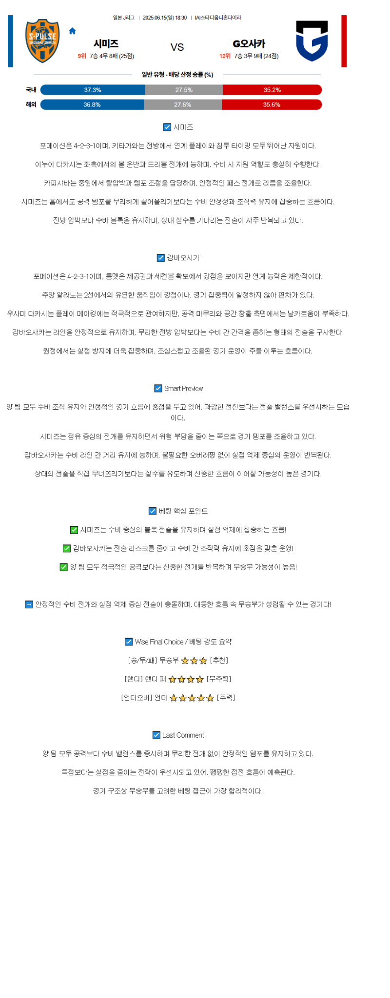 2025년06월15일 시미즈 에스펄스 감바 오사카 스포츠 중계 및 분석 올스티비