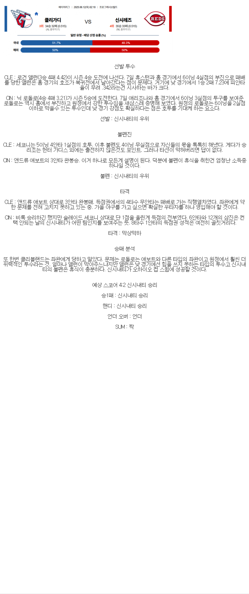 2025년 06월 12일 클리블랜드 신시내티 MLB 분석 및 중계 올스티비
