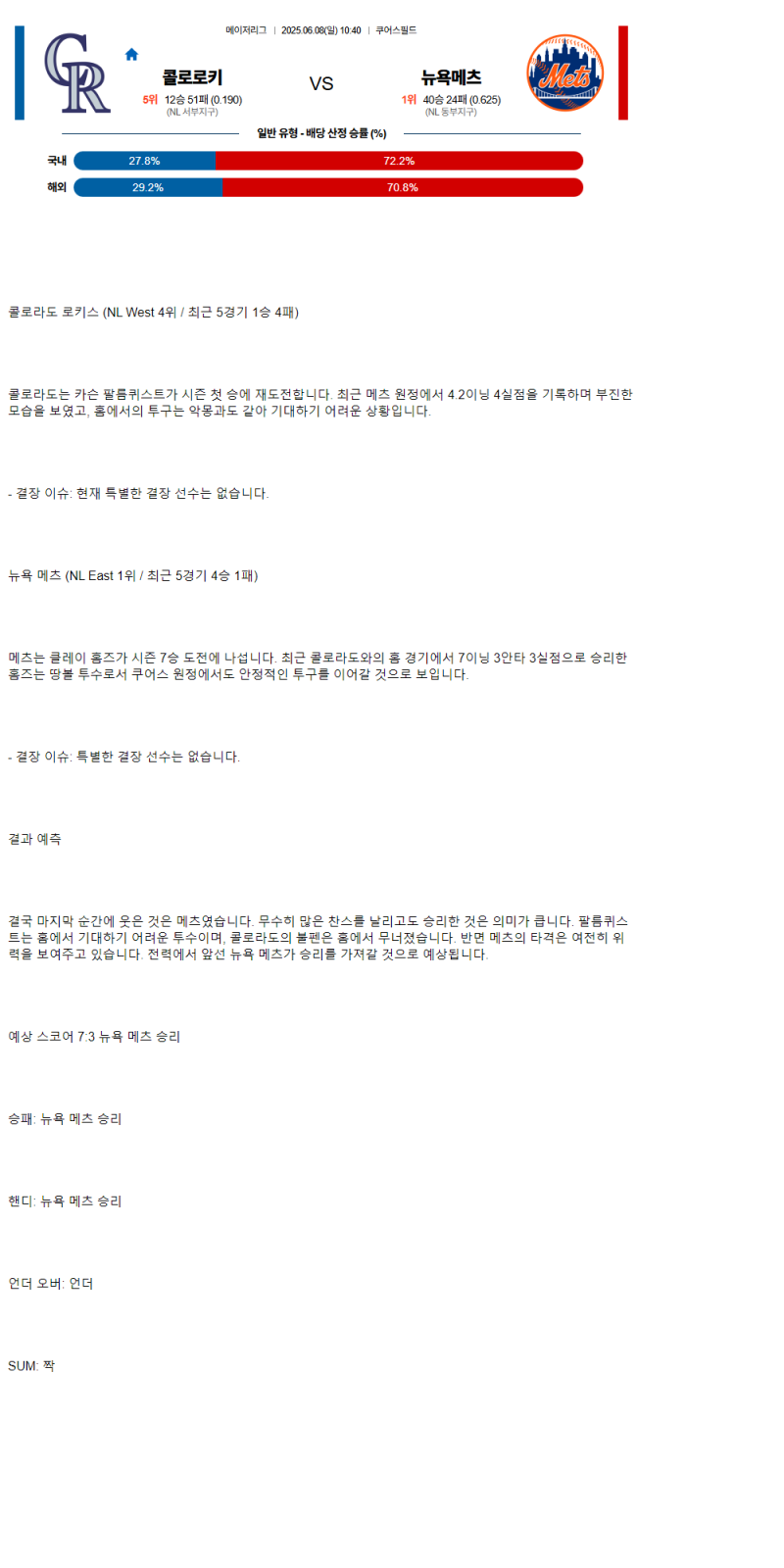 2025년 06월 08일 콜로라도 뉴욕메츠 해외야구 분석 및 중계 올스티비