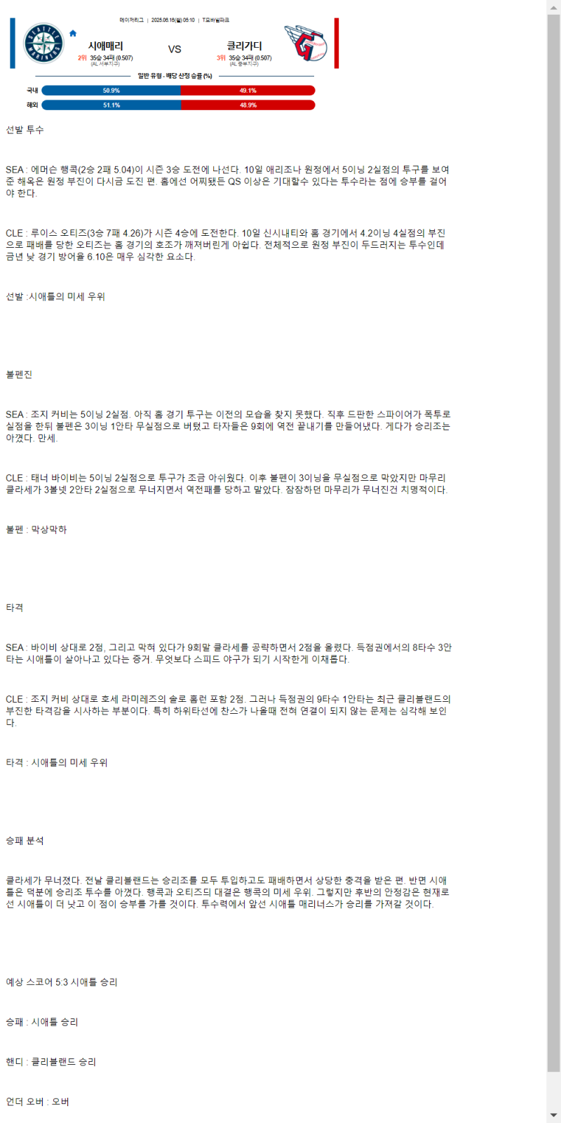 2025년 06월 16일 시애틀 클리블랜드 해외야구 중계 및 분석 올스티비