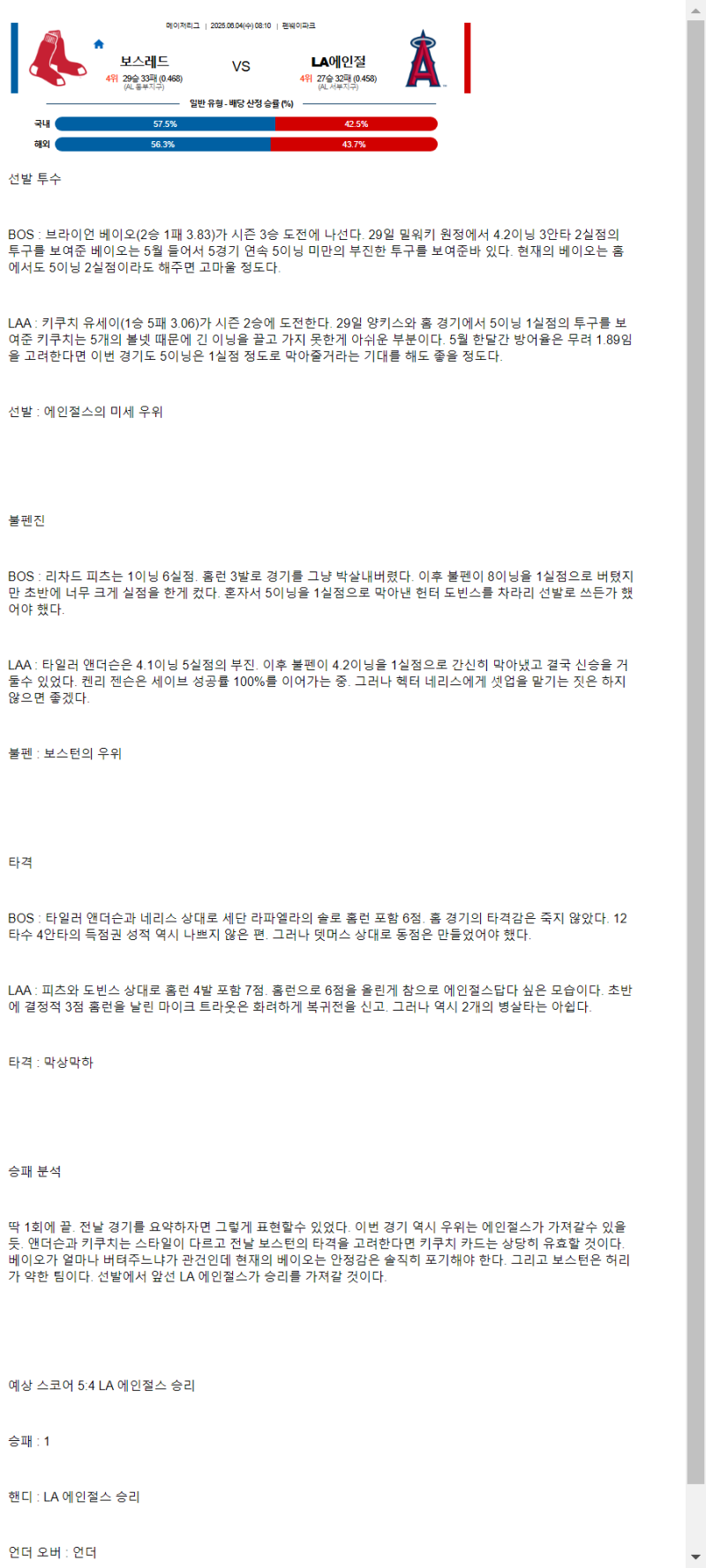 2025년 06월 04일 보스턴 LA에인절스 미국농구 분석 및 중계 올스티비