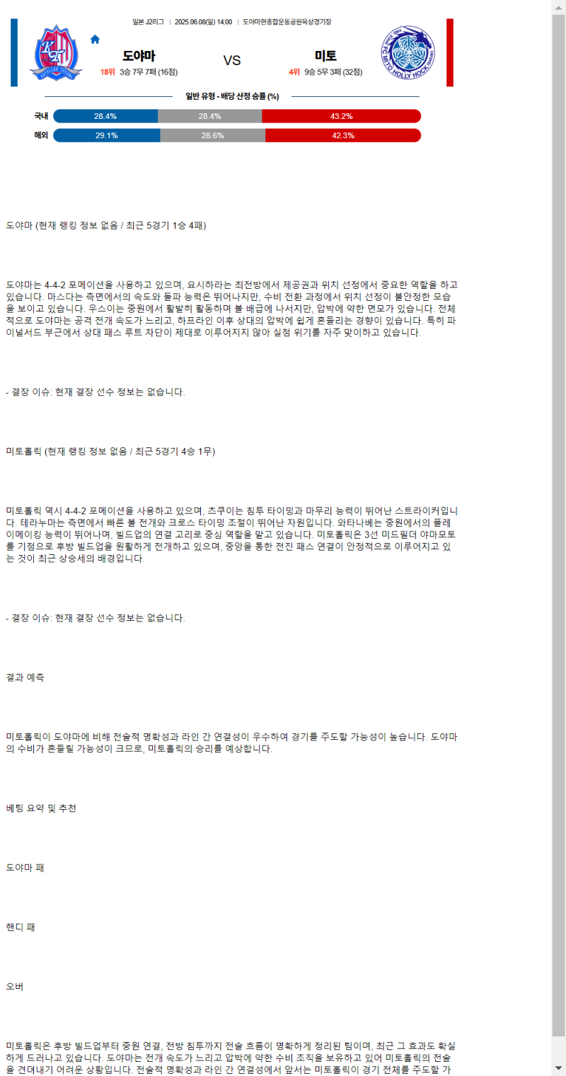 2025년 06월 08일 도야마 미토홀리호크 스포츠 중계 및 분석 올스티비