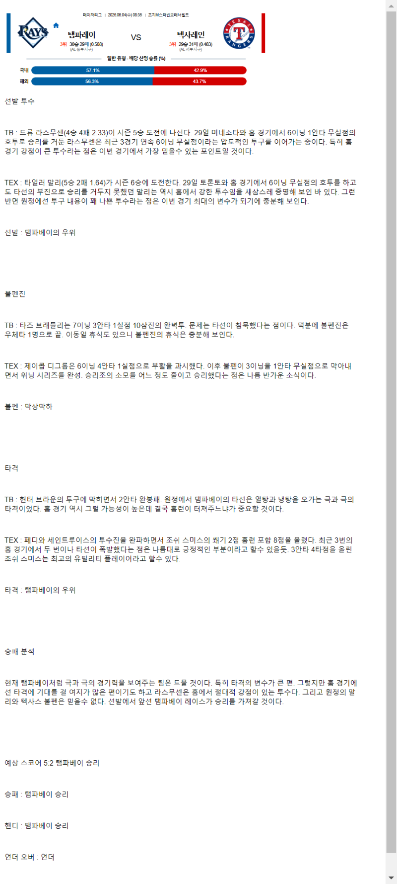 2025년 06월 04일 탬파베이 텍사스 해외농구 중계 및 분석 올스티비