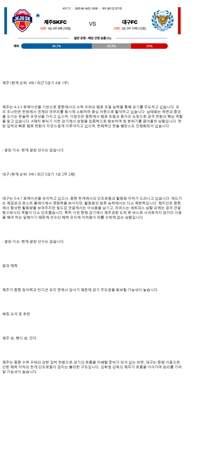 2025년 06월 14일 제주 대구 해외스포츠 분석 및 중계 올스티비