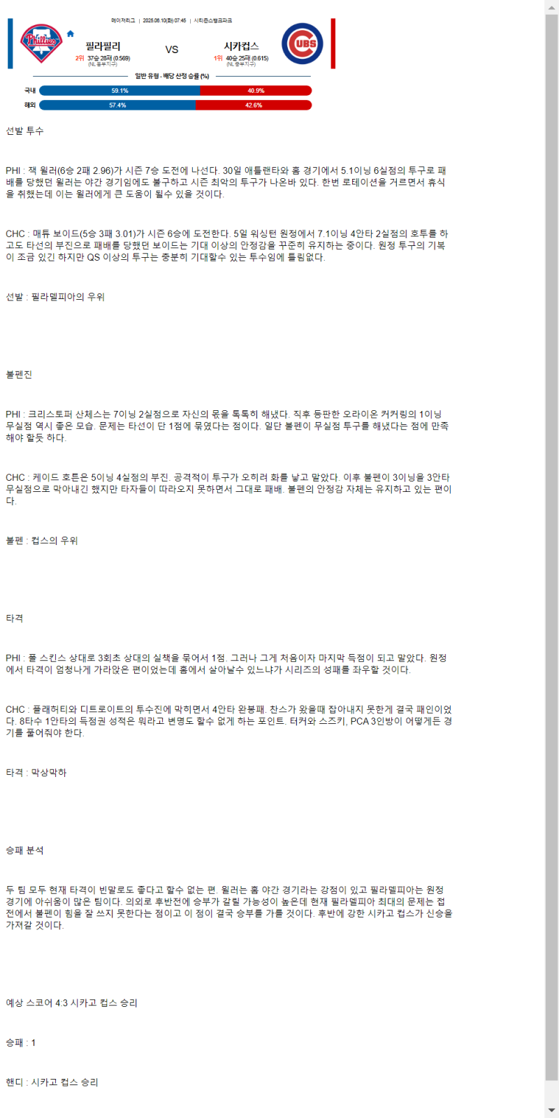 2025년 06월 10일 필라델피아 시카고컵스 해외야구 중계 및 분석 올스티비