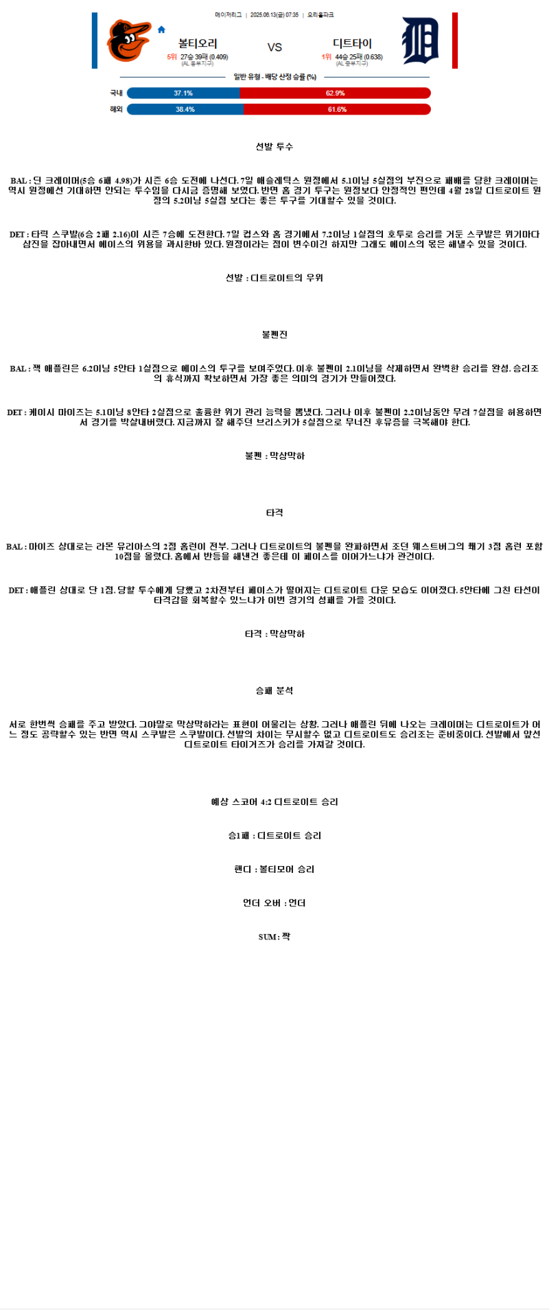 2025년 06월 13일 볼티모어 디트로이트 해외야구 분석 및 중계 올스티비