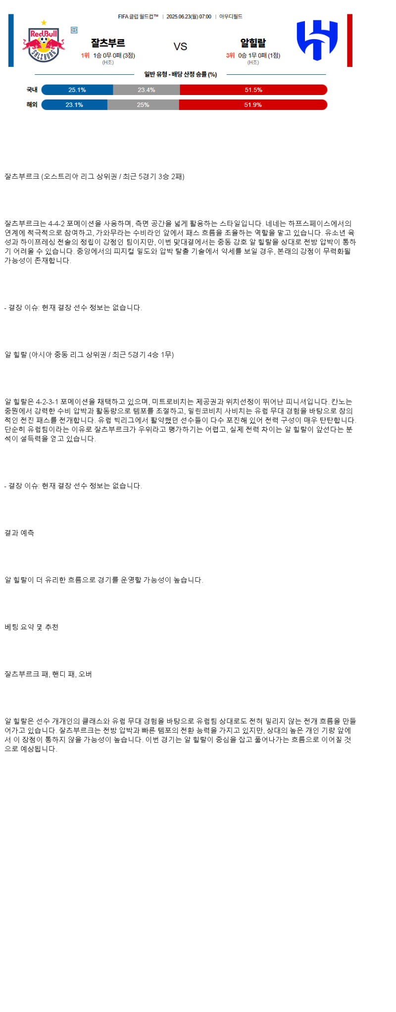2025년 06월 23일 잘츠부르크 알 힐랄 스포츠 중계 및 분석 올스티비